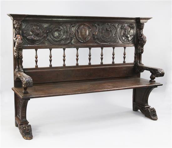 A French Renaissance revival carved oak bench seat, W.6ft 6in.